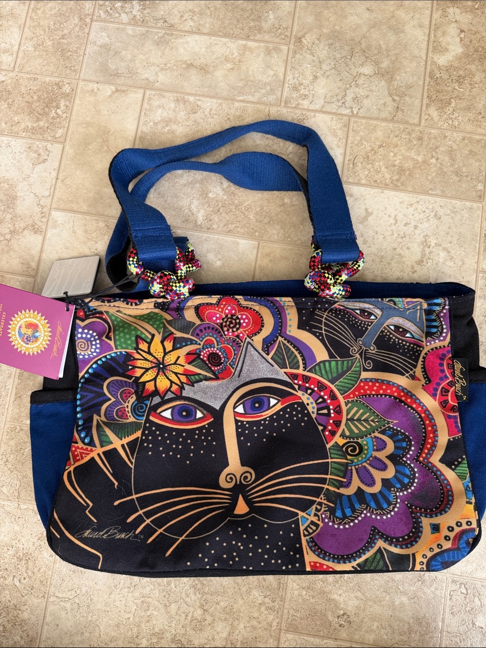 Laurel Burch Multicolor Cat-Print Tote with Blue Straps